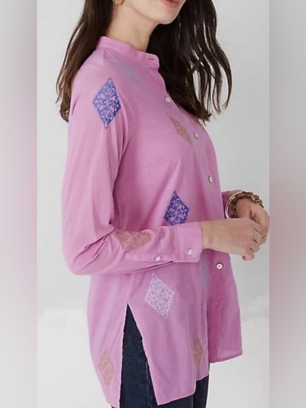 J. Jill Pink Multi Color Embroidered Button-Front Cotton Tunic Women’s Large